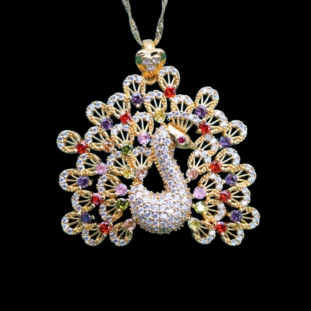 COLORFUL CZ PEACOCK PENDANT NECKLACE